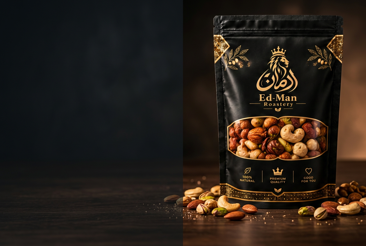 Filled ED-MAN Roastery mixed nuts bag on a dark tabletop